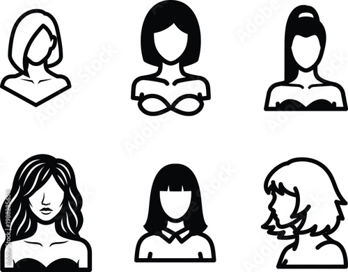 set of six different women head silhouettes in black and white
