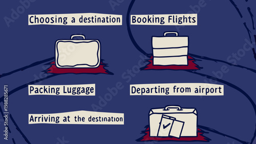 Illustrated infographic showing travel destination planning with luggage and flight icons.