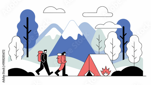 Illustrated hikers walking toward a tent in a mountainous landscape with autumn trees.