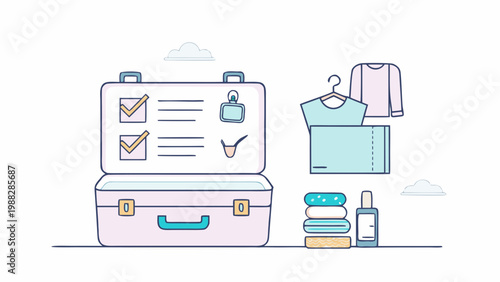 Person packing a suitcase with essentials like documents, toiletries, and clothing on a flat surface.