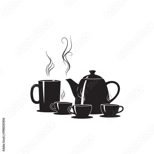 Black silhouette of a teapot and cups with steam