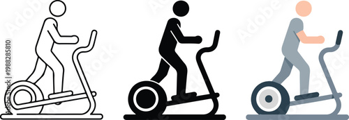 Minimal flat illustration of elliptical machines with figures exercising gym equipment in line art and color variations vector