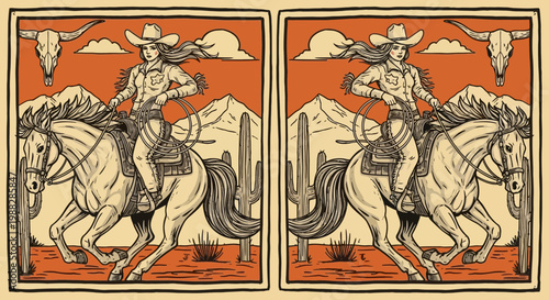 Cowgirl Riding Horse in Desert Landscape with Cactus and Mountains