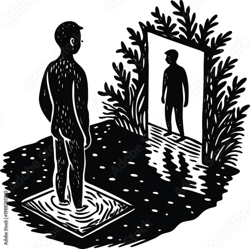 Black and white vector illustration, man standing on square platform in water, reflection in mirror, surreal scene