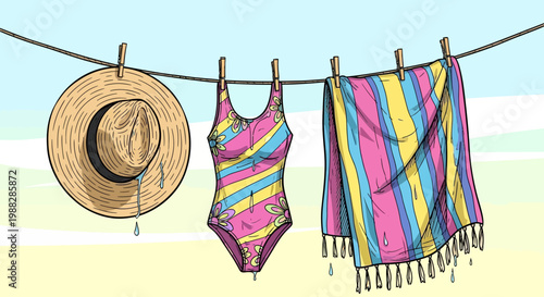 Summer Beach Clothes Drying on Clothesline: Swimsuit, Hat, and Towel