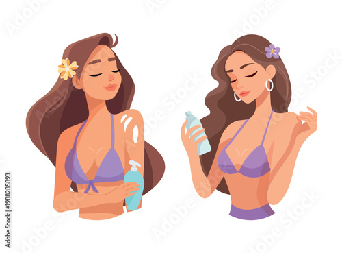 Set of young women applying sunscreen and spray, summer skin care, female characters in bikinis with sunscreen cosmetics, flat vector illustration of beauty on the beach.