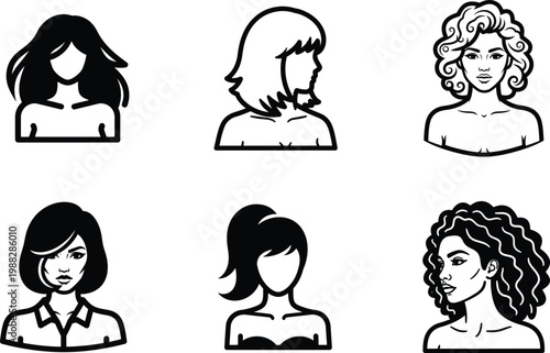 six black line art women heads with different hairstyles on white background