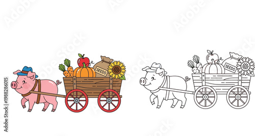 Cute cartoon farmer pig pulling a wooden cart filled with harvest vegetables, pumpkin, sunflower, and seeds; includes colored version and black and white line art for coloring book page.