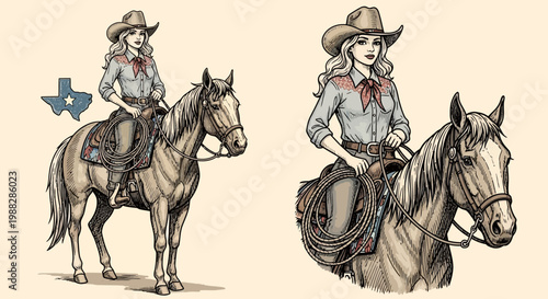 Cowgirl Riding Horse with Lasso and Texas Outline - Vintage Illustration
