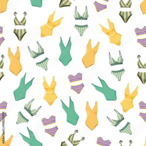 Seamless pattern of colorful swimwear flat vector illustration, assorted bikinis and one piece swimsuits on white background, summer beach fashion textile design