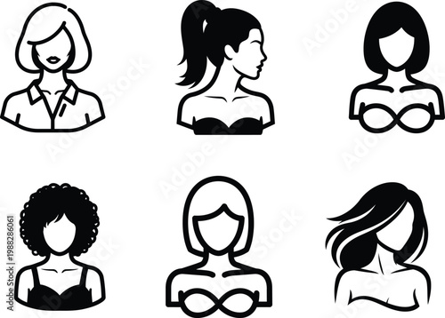 Six different female avatars or icons with various hairstyles and outfits