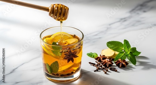 Honey drizzled over herbal tea in a glass with fresh mint leaves nearby
