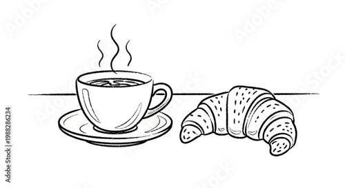 Hand-drawn sketch of a steaming cup of coffee and a croissant on a saucer, breakfast concept.