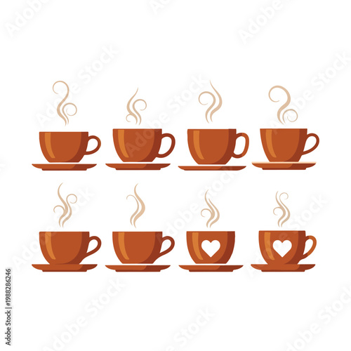 Set of coffee and tea cup icons featuring vector silhouettes of espresso, cappuccino, and mocha mugs with steam for cafe and restaurant logo designSet of coffee and tea cup icons featuri