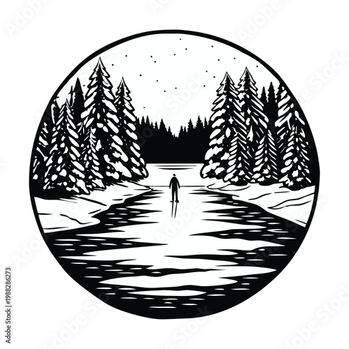 Winter landscape, black and white illustration, circular frame, snowy forest, solo figure