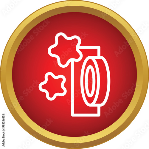 White outline icon showing tape dispenser with star decorations on a red circle