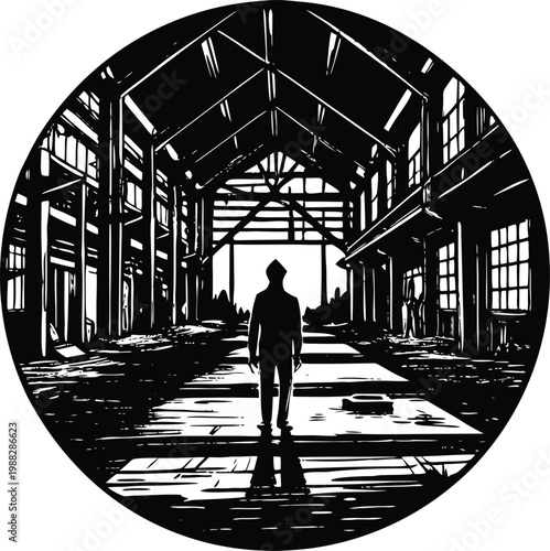 Abandoned warehouse, industrial interior, black and white illustration, vector artwork