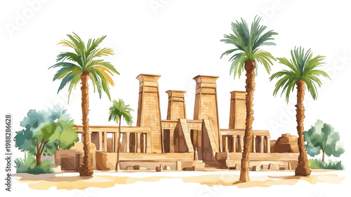 Karnak Temple. Karnak Temple hand drawn watercolor illustration on white background