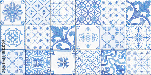 Italian ceramic tile pattern. Ethnic folk ornament. Mexican talavera, Portuguese azulejo or Spanish majolica. Patchwork tiles. Hand-drawn seamless abstract tile pattern. 	
