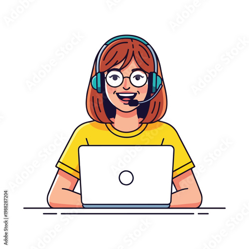 A young student or businesswoman working on a laptop with headphones in a modern office vector illustration representing education, technology, and internet communication for people at school or work