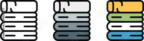 Minimal towel icon set with stacked rolled towels in outline grayscale and colorful gradient flat vector design