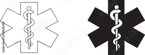 Medical star of life with caduceus snake symbol in black silhouette and outline vector design.