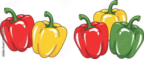 Cartoon Bell Pepper Clusters in Red, Yellow, and Green for Healthy Eating, Vegetables, and Food Design Themes