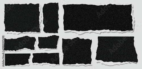 Torn Black Paper Pieces Collection - Ripped Textured Sheets with Rough Edges on Light Background