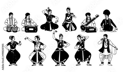 Indian traditional dancers musicians vector cultural art performance set