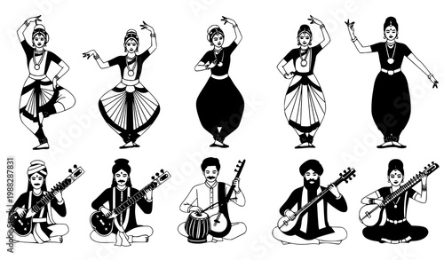 Indian culture vector set dancers musicians traditional music art