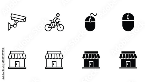 Icons representing surveillance, delivery, and shopping with security themes
