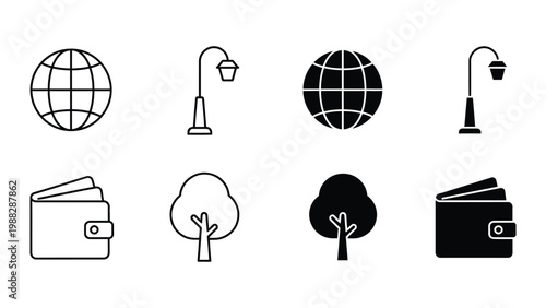 Contrasting icon pairs of global, financial, environmental, and urban elements