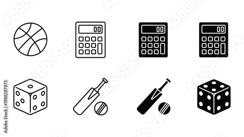 Iconic symbols representing sports, games, and mathematical calculations