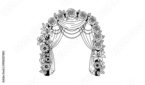 Floral archway vector black white draped roses wedding design set