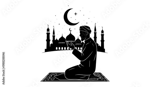 Foto Muslim prayer silhouette vector man praying mosque crescent moon illustration