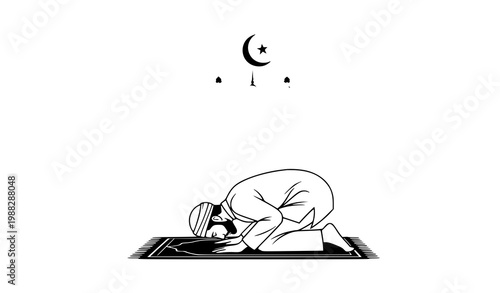 Islamic prayer vector silhouette mosque crescent moon man praying set