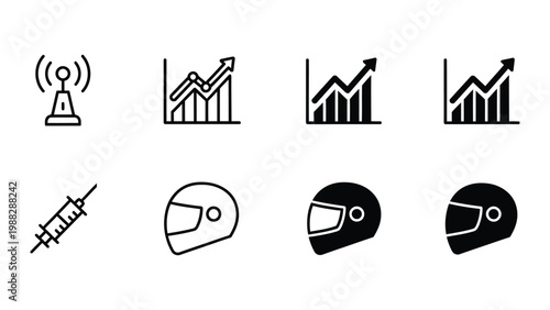 Icons representing technology, performance trends, and safety gear for motorcyclists