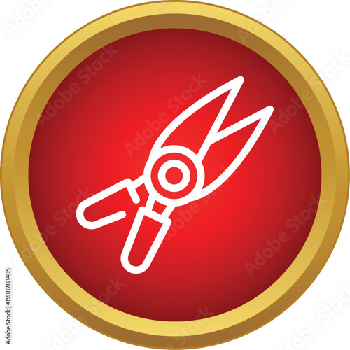 Garden pruner tool represented by an outline icon on a striking red circle