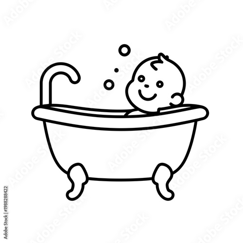 Cute Baby Taking a Bath Line Icon – Newborn Care, Hygiene, and Childhood Symbol