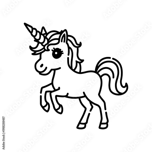 Cute Magical Unicorn Line Icon – Kawaii Fantasy Creature and Fairytale Symbol