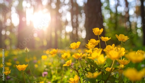 Golden buttercups bask in the sunlit forest. The blurred backdrop showcases tall trees and a radiant sunburst, creating a serene atmosphere