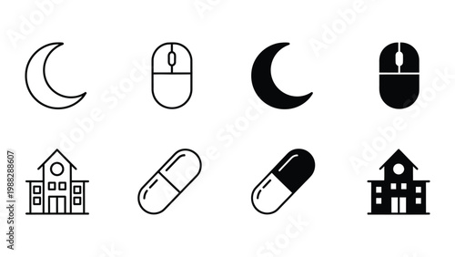 Contrasting styles of pills and buildings depicted in simple icons