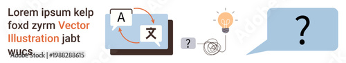 Language learning, communication, innovation, idea sharing, translation services, multilingual solutions. A screen with a translation symbol, a light bulb, and a speech bubble with a question mark