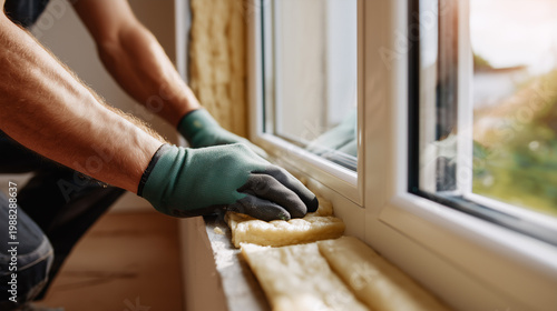 Technician applying foam insulation around window frame, green gloves, home renovation, energy-efficient sealing, professional window installation, interior repair service.