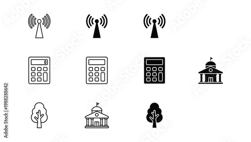 Assorted icons representing technology, nature, and government buildings