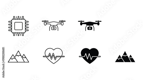 Icons representing technology, healthcare, and nature in contrasting styles