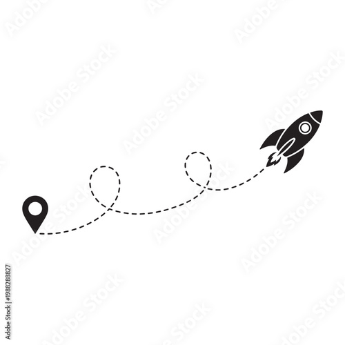 Black rocket ship with dotted line and location pin