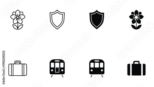 Contrast of icons depicting travel, security, and transportation modes in black and white