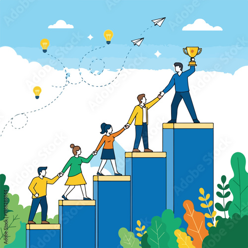 A successful businessman works with a professional team and finance charts to visualize a vector concept of growth and money