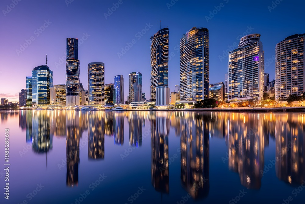 Obraz premium Bright city lights evoke awe and serenity at dusk's peaceful reflection.